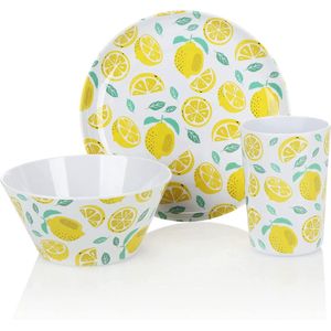 COM-FOUR® 3-delige serviesset - herbruikbaar, herbruikbaar servies van melamine - kopjes, kommen en borden met een zomers design (3 stuks - citroenen)