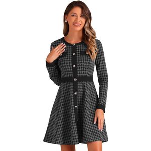 Elegante A-lijn jurk dames Pied-de-Poule patroon Mini-jurk Donkergrijs Maat M