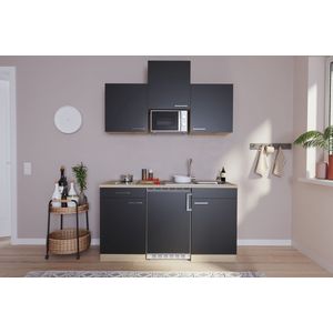 Goedkope keuken 150  cm - complete kleine keuken met apparatuur Luis - Eiken/Zwart - keramische kookplaat  - koelkast  - magnetron - mini keuken - compacte keuken - keukenblok met apparatuur