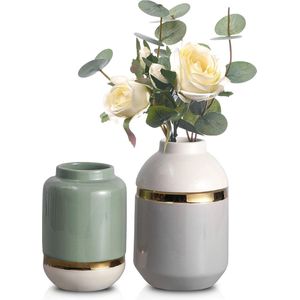 Moderne keramische vaas in lichtgrijs/lichtgroen, set van 2 vazen voor eucalyptus/bloemen, vergulde geglazuurde bloemenvazen voor thuis, woonkamer, slaapkamer en schoorsteenmantel, 15,5/19 cm