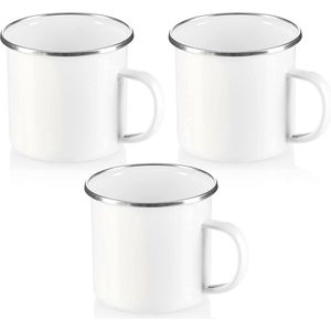 3 x emaille bekers - drinkbekers van geëmailleerd roestvrij staal - theepot - koffiemok voor buiten en camping - 3-delige bekerset - vaatwasmachinebestendig (wit)