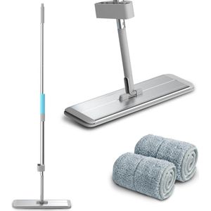 EGoods - 400mm platte mop met aluminium plaat, handsfree squeeze, 2 herbruikbare microfiber mop pads, 134cm aluminiumlegering handvat