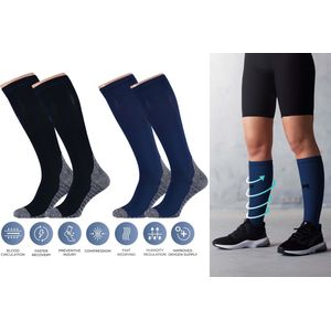 Comfort Essentials - Compressiekousen - Compressie Sokken - 2 Pack - Blauw/Zwart - Maat 35-38 - Steunkousen - Skisokken