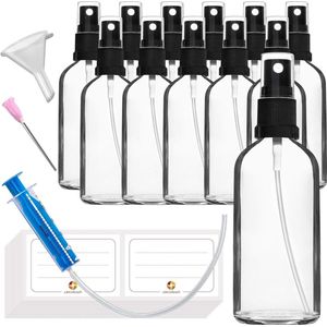 Verstuiver Glazen Fles 100ml - Helder Glas - 12st Set - Zwarte Verstuiver - Transparant - Apotheek Fles met Accessoires