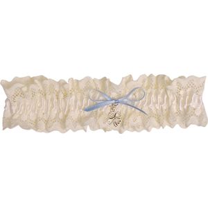 Kousenband Ivoorkleurig Broderie - Blauw Strikje & Klavertje