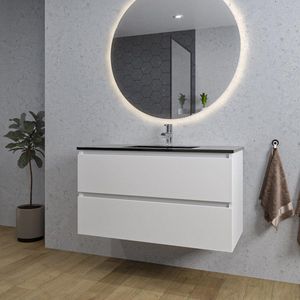 Adema Chaci Badkamermeubelset - 100x46x57cm - 1 keramische wasbak zwart - 1 kraangat - 2 lades - ronde spiegel met verlichting - mat wit