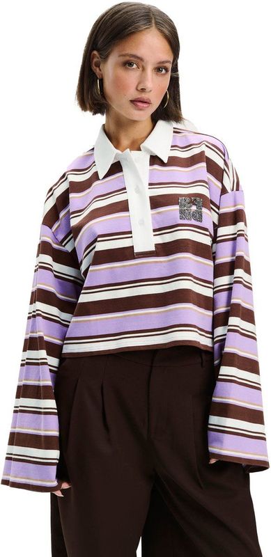 Refined Department - T-shirt - Bruin met Lila Strepen - Dames - Korte Mouwen - Knitted Cropped Polo