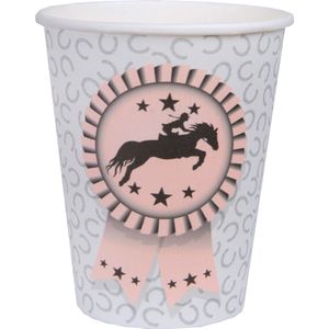 Santex feest wegwerp bekertjes - paarden - 10x stuks - 270 ml - lichtgrijs/roze - karton