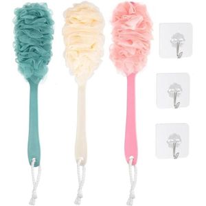 Badborstel met lange handgreep 3 stuks voor het lichaam peeling bad en douche met lange handgreep badkameraccessoires rugrubber mesh bad voor mannen en vrouwen