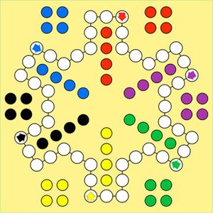 Meubelsticker Ludo spel - om van een tafeltje een Ludo spelbord te maken - 55x55 cm - inclusief spelstukken - 6 spelers