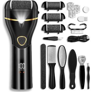 Voetvijl - Eeltverwijderaar voor de voeten - IPX5 waterdicht - Oplaadbaar - Met 3 rollen - Batterijdisplay met 2 snelheden - 17-in-1 oplaadbare voetvijl voor pedicure - Voor dode, harde, gebarsten huid - Zwart