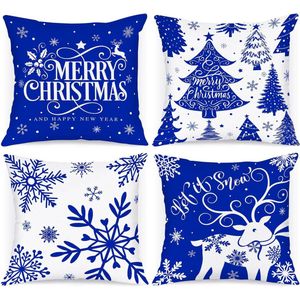 Kussenslopen voor kerst, 4 stuks, 45 x 45 cm, cartoon hert sneeuwvlok winterkussensloop, decoratie voor bank, donkerblauw, 45 x 45 cm