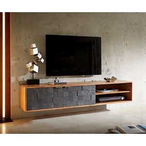 TV-meubel Teele acacia natuur leisteen 160 cm 2 deuren lowboard zwevend