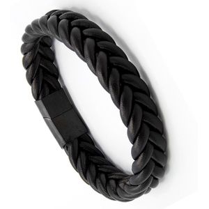 Victorious Gevlochten Leren Armband Heren – RVS Roestvrijstaal Sluiting – Zwart – 19.5cm