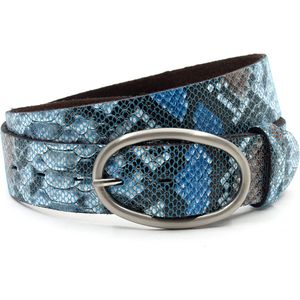 Thimbly Belts Dames riem blauw slangenprint - dames riem - 4 cm breed - Zwart / Blauw - Echt Leer - Taille: 85cm - Totale lengte riem: 100cm