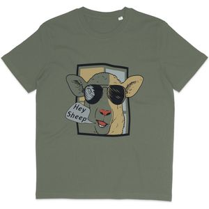 Grappig Dames en Heren T Shirt - Cartoon Schaap - Tekst: Hey Sheep - Khaki Groen - S