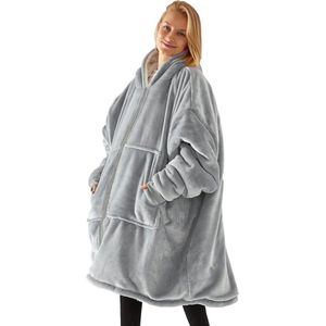 Hoodiedeken - uniseks - super zacht - flanel - lange deken - sweatshirt - eenkleurige capuchontrui met oversized zak - ritssluiting - deken hoodie - lichtgrijs