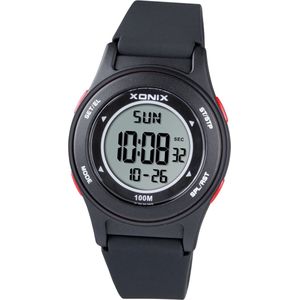 Xonix BBH-007A - Horloge - Digitaal - Heren - Mannen - Rond - Siliconen band - ABS - Cijfers - Achtergrondverlichting - Alarm - Start-Stop - Chronograaf - Tweede tijdzone - 12/24 - Waterdicht - Zwart - Rood - 10ATM