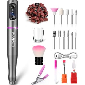 ProductPlanet® Draadloze Elektrische Nagelvijl PRO Edition - 25000 RPM - Nagelfrees - 12 Bitjes & 100 Schuurrolletjes - 7 Accessoires - Nagelstofkapje - Grijs