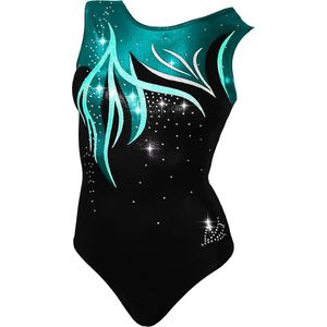 Fairysports Turnpakje Stardust maat 98-104 meisjes gympakje aqua groene zilver zwart met zilveren steentjes