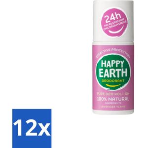 Happy Earth – Deodorant Roll-On – 100% Natuurlijk Lavender Ylang – 75 ml - Voordeelverpakking - 12 stuks