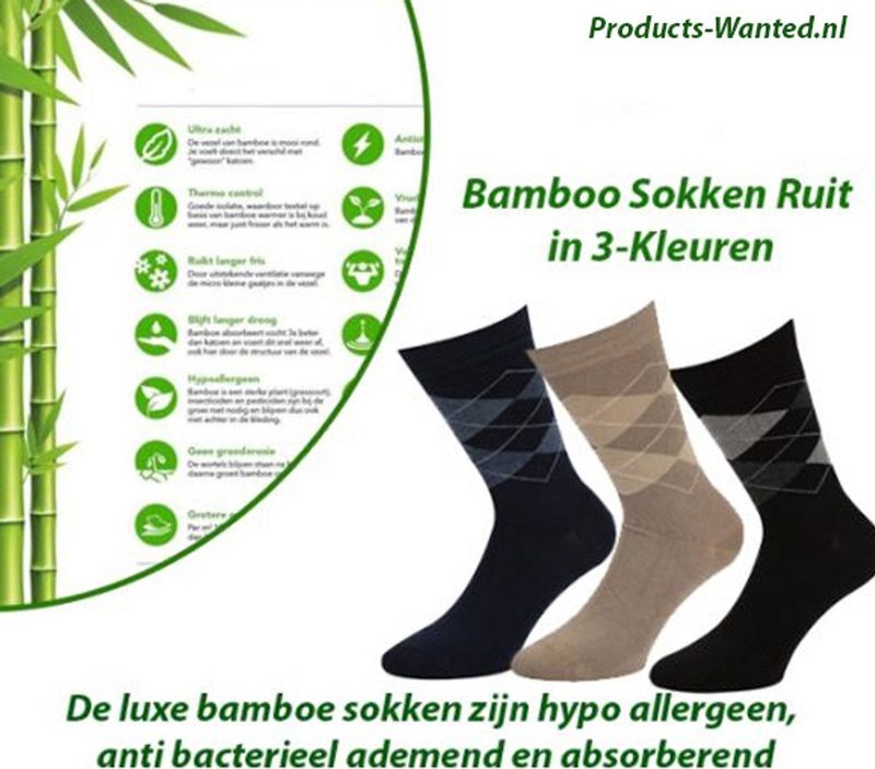 3-Paar Bamboe Sokken Ruit Motief in 3-Kleuren Maat 39-42