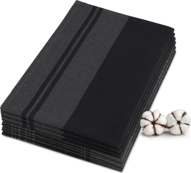 JEMIDI - Theedoeken Set van 6 - Zwart Gestreept en Zwart Geruit - 100% Katoen - 50 x 70 cm