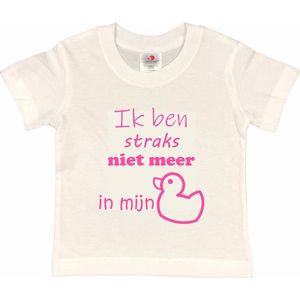 Shirt Aankondiging zwangerschap ""Ik ben straks niet meer in mijn eendje | korte mouw | wit/roze | maat 134/140 zwangerschap aankondiging bekendmaking