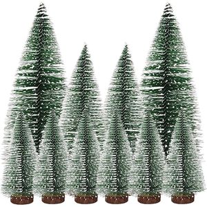 Groene mini-dennenbomen - Set van 10 stuks met houten basis - Sneeuweffect voor tafeldecoratie