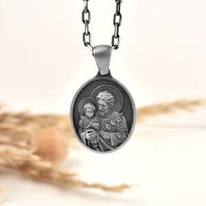Saint Joseph and Baby Jesus medaille ketting voor vrouwe Oxidized 24 inches