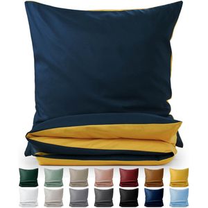 Blumtal Dekbedovertrek Set Tweekleurig - Luxe Beddengoed - 200 x 200 cm - 2 x Kussensloop 80 x 80 cm - Donkerblauw en Mosterdgeel