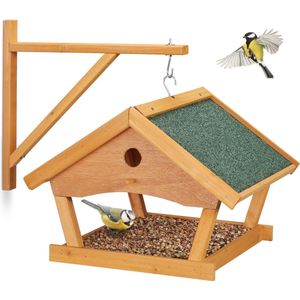 Relaxdays vogelvoederhuisje hangend - houten vogelhuis - voederhuisje tuinvogels - muur