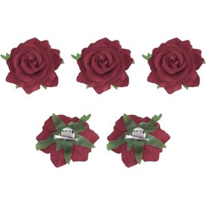 Haarspelden met rozenbloesem en bloem - Set van 5 - Bloemenbroche voor dames - Haarsieraden - Donkerrood - 10 cm