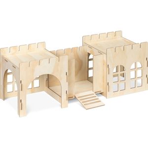 Navaris houten kasteel voor konijn - Speel- en slaaphuisje voor konijn - Voor binnen en buiten het hok - 69 x 24 x 25,5 cm