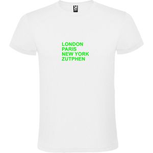 Wit T-Shirt met “ LONDON, PARIS, NEW YORK, ZUTPHEN “ Afbeelding Neon Groen Size XS
