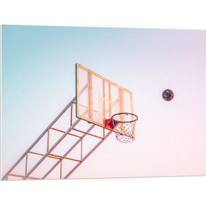 PVC Schuimplaat - Bal Vallend in Basket onder Blauwe Lucht - 100x75 cm Foto op PVC Schuimplaat (Met Ophangsysteem)