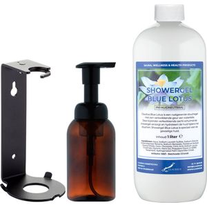 Zeepdispenser 300 ml amber bruin hervulbaar + 1 liter Showergel Blue Lotus navulling (inclusief beugel)