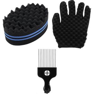 Zwarte Twist Spons Borstel Wave Kapper Tool Metaal Haar Kam Pick Thuis Salon Vlecht Haar Kam Styling Tool - Set van 3