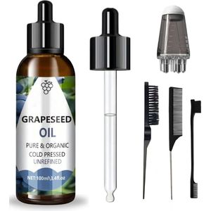 Druivenpitolie Olie 100ML - 100% Puur - Koudgeperst - Incl. Applicator + Olie kammen - Grapeseed Oil Voor Haar, Huid, Gezicht en Nagels - Verminderd Rimpels - Anti Acne - Haargroei - Anti Pluis - Anti Roos - Vermindert ontstekingen