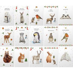 Set van 50 stuks vrolijke kerstkaarten met enveloppen - Engels Nederlands en Blanco zonder tekst - 15 winterdieren handgeschilderd - dubbele kaart met vouw - A6 formaat
