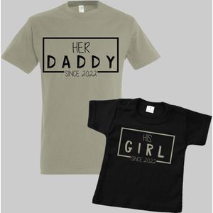 Matching shirts vader en dochter-Vaderdag cadeau-Her daddy His girl met geboortejaar 2022-Cadeau voor Papa-Heren Maat XL-Kind Maat 56