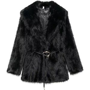 Faux Fur dames jas - Tijdloos Elegant - Dames winterjas - Luxe winterjas dames - Faux fur met riem - XS - Zwart
