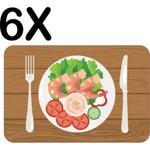 BWK Luxe Placemat - Getekend Bord en Bestek met Garnalen - Set van 6 Placemats - 45x30 cm - 2 mm dik Vinyl - Anti Slip - Afneembaar