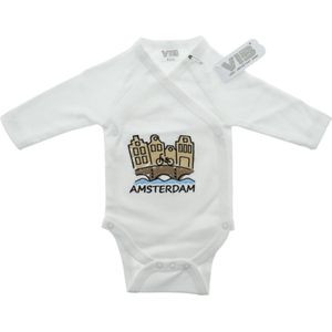 VIB® - Overslag romper 'AMSTERDAM' - wit (0-3 m) - Babykleertjes - romper - rompertjes - rompertjes met tekst - baby cadeau - baby aankondiging - overslagromper