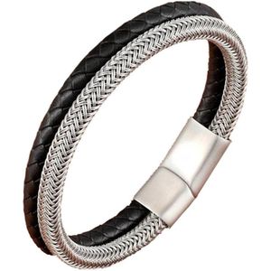Sorprese armband - Luxury - armband heren - leer - staal - zilver/zwart - cadeau - Model H