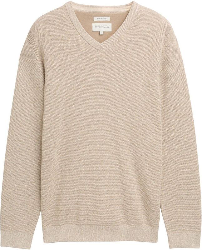 TOM TAILOR - Trui - Beige - Recht Model - V-hals - Lange Mouw
