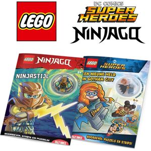 LEGO Ninjago + Super Heroes - Voordeelbundel van 2 doeboeken met Batman en Ninjago poppetjes - Vanaf 6 jaar - LEGO boek pakket 7 jaar / 8 jaar/ 9 jaar / 10 jaar - Inclusief LEGO poppetjes / figuren - Cadeau jongen / meisje