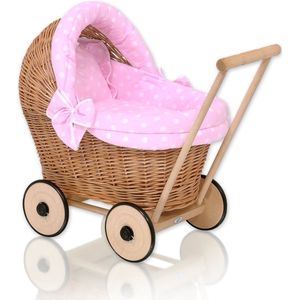 Rieten poppenwagen met roze beddengoed en zachte vulling - naturel