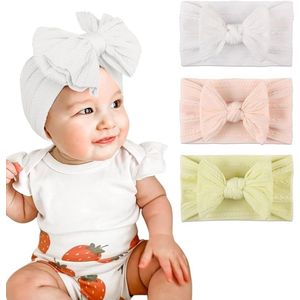Baby Girls' Headbands 3 Pieces Nylon Headbands with Bow Elastic Hair Bands Soft Cute Newborn Hats (White, Beige, Pink)