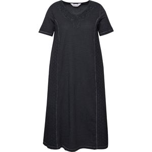 MIAMODA - Dames - Jersey jurk A-lijn cold dyed V-hals met opengewerkt borduursel - Antraciet - Maat 42
